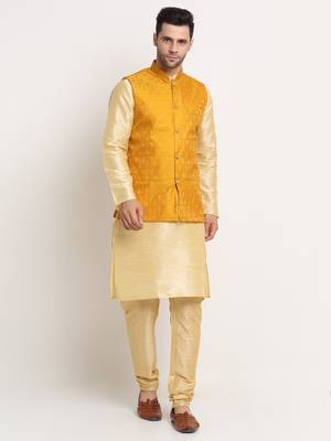 Fawn Silk Blend Kurta and churidar with Jacquard Yellow Nehru jacket 1