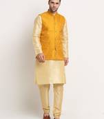 Fawn Silk Blend Kurta and churidar with Jacquard Yellow Nehru jacket