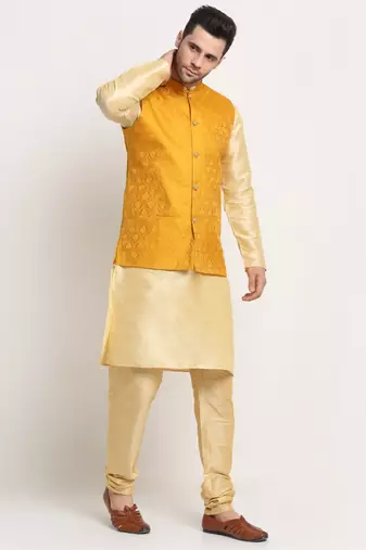 Fawn Silk Blend Kurta and churidar with Jacquard Yellow Nehru jacket