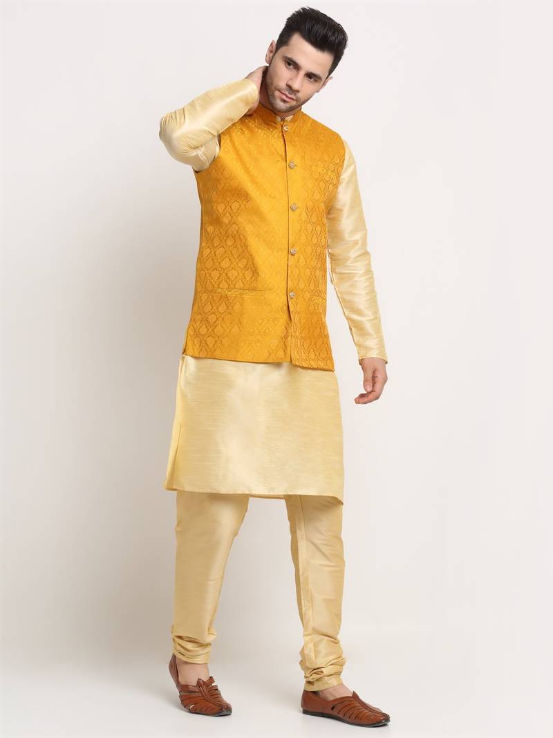 Fawn Silk Blend Kurta and churidar with Jacquard Yellow Nehru jacket