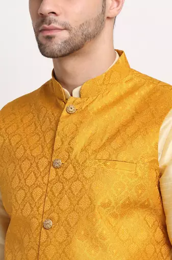 Fawn Silk Blend Kurta and churidar with Jacquard Yellow Nehru jacket