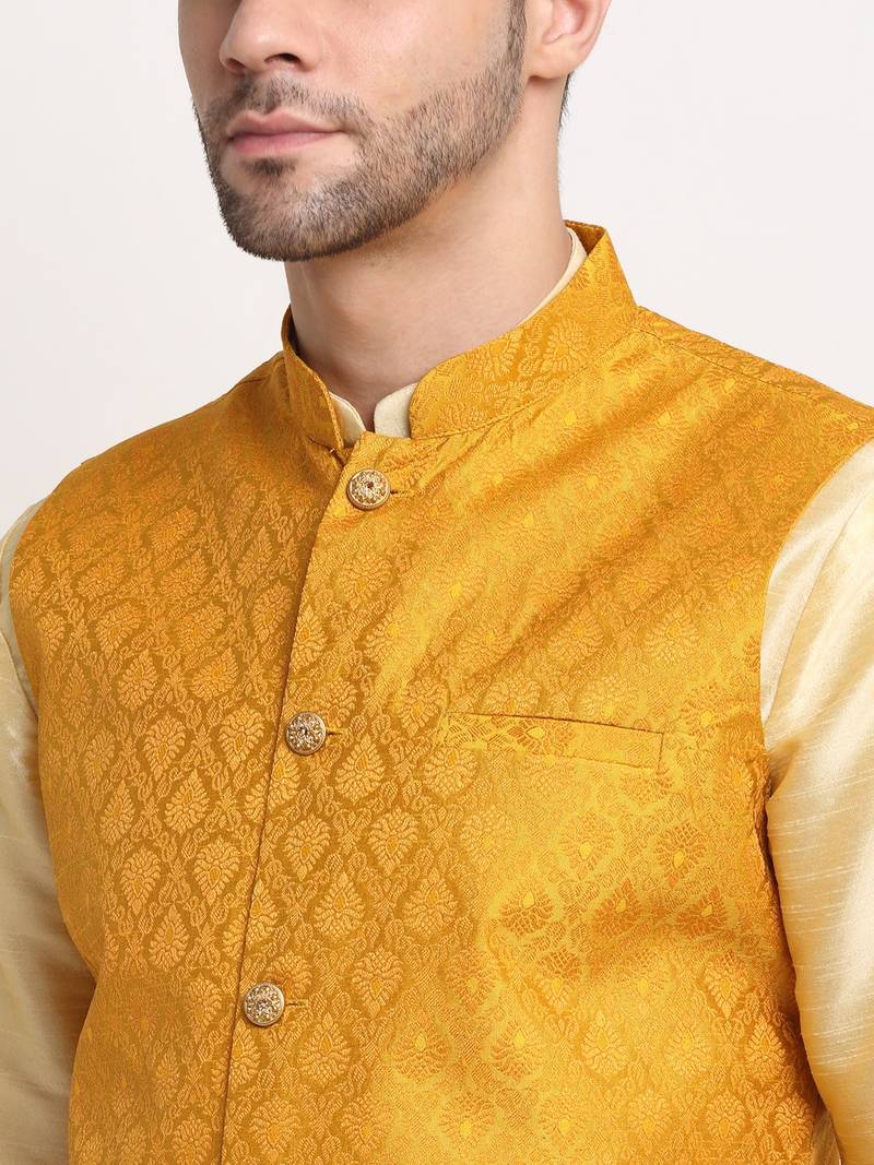 Fawn Silk Blend Kurta and churidar with Jacquard Yellow Nehru jacket