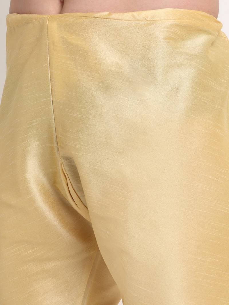 Fawn Silk Blend Kurta and churidar with Jacquard Yellow Nehru jacket