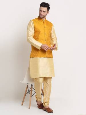 Fawn Silk Blend Kurta and churidar with Jacquard Yellow Nehru jacket 7