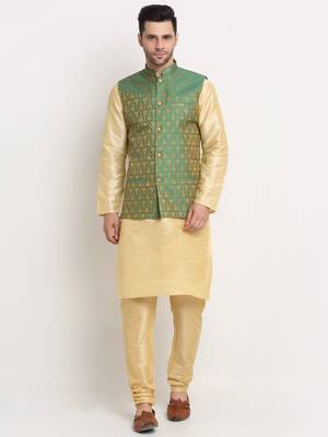 Fawn Silk Blend Kurta and churidar with Jacquard Green Nehru jacket 1
