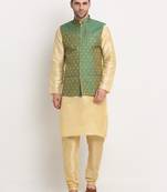 Fawn Silk Blend Kurta and churidar with Jacquard Green Nehru jacket