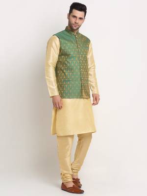 Fawn Silk Blend Kurta and churidar with Jacquard Green Nehru jacket 2