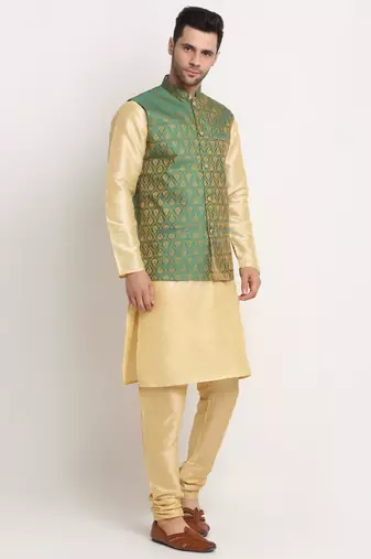 Fawn Silk Blend Kurta and churidar with Jacquard Green Nehru jacket