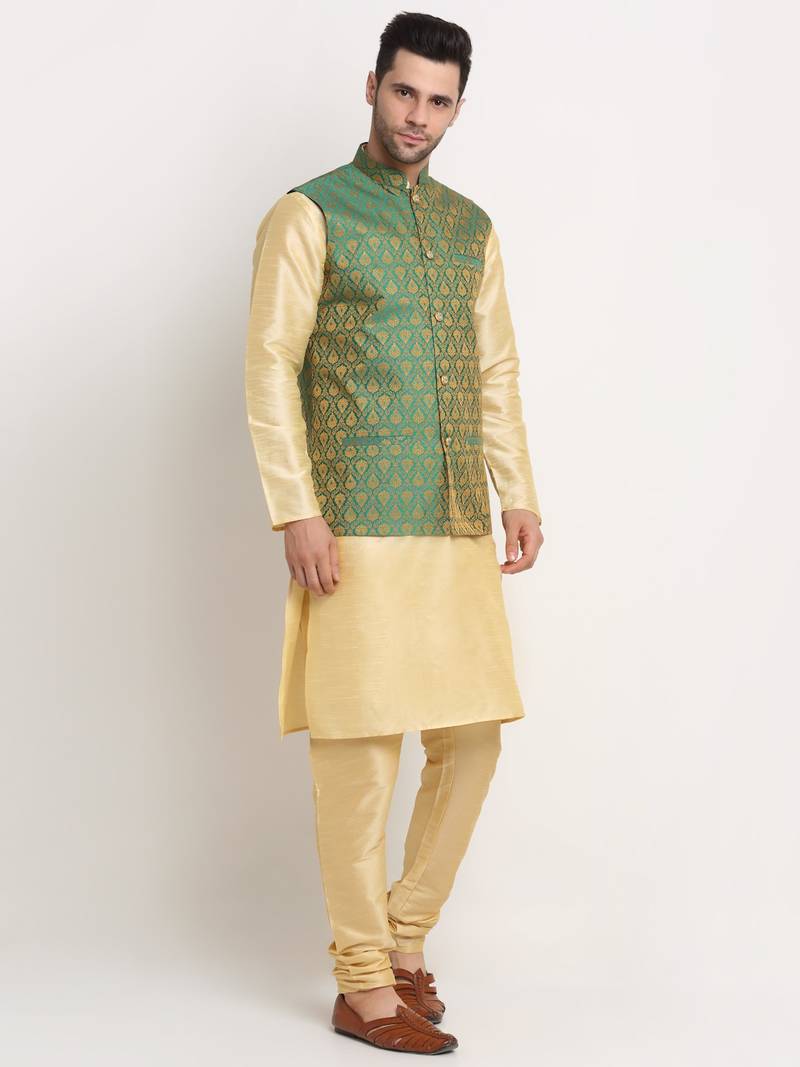 Fawn Silk Blend Kurta and churidar with Jacquard Green Nehru jacket