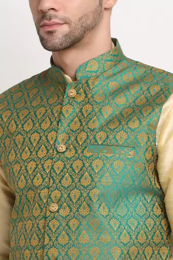 Fawn Silk Blend Kurta and churidar with Jacquard Green Nehru jacket