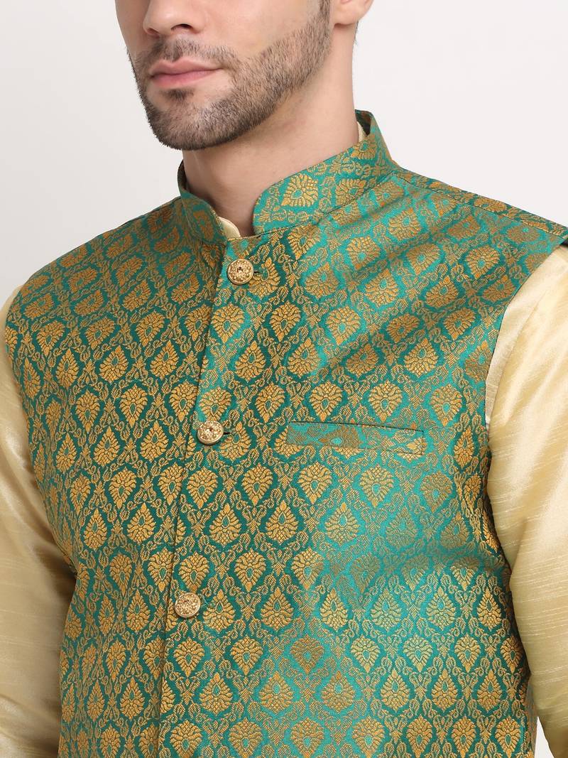 Fawn Silk Blend Kurta and churidar with Jacquard Green Nehru jacket