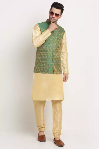 Fawn Silk Blend Kurta and churidar with Jacquard Green Nehru jacket