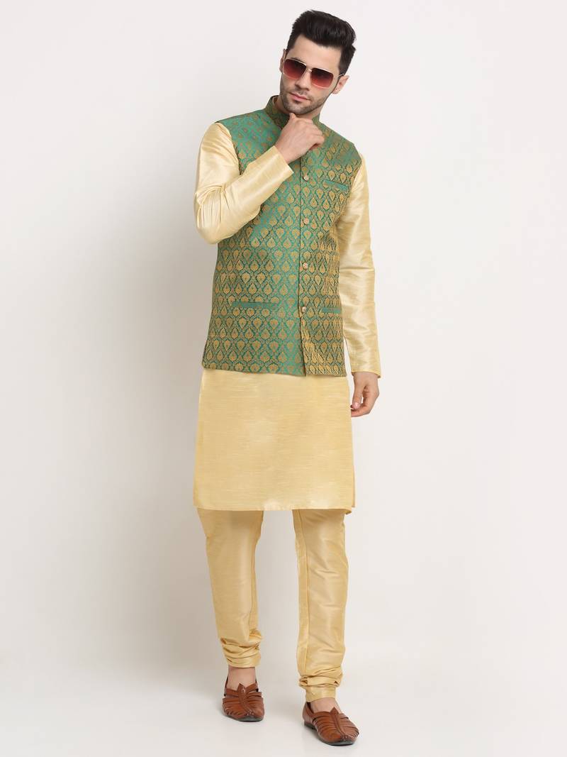 Fawn Silk Blend Kurta and churidar with Jacquard Green Nehru jacket