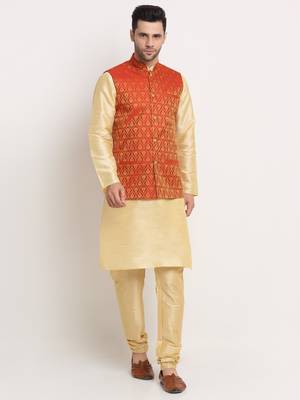Fawn Silk Blend Kurta and churidar with Jacquard Red Nehru jacket 1