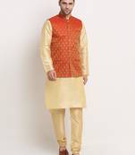 Fawn Silk Blend Kurta and churidar with Jacquard Red Nehru jacket