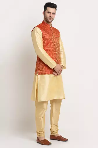 Fawn Silk Blend Kurta and churidar with Jacquard Red Nehru jacket