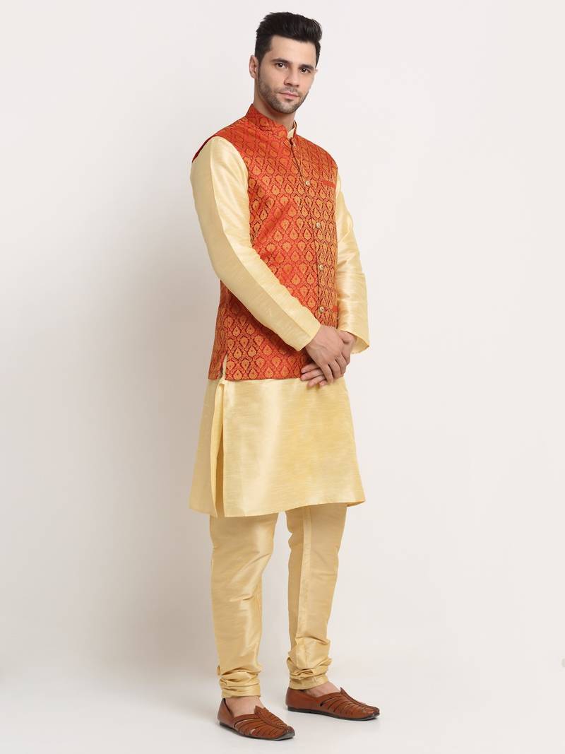 Fawn Silk Blend Kurta and churidar with Jacquard Red Nehru jacket