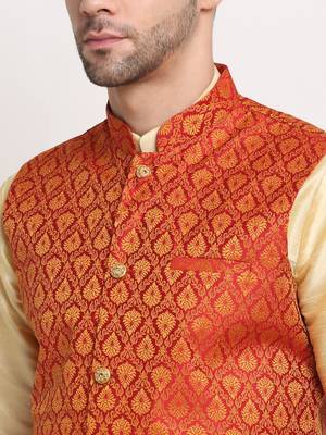 Fawn Silk Blend Kurta and churidar with Jacquard Red Nehru jacket 3