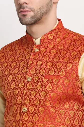 Fawn Silk Blend Kurta and churidar with Jacquard Red Nehru jacket