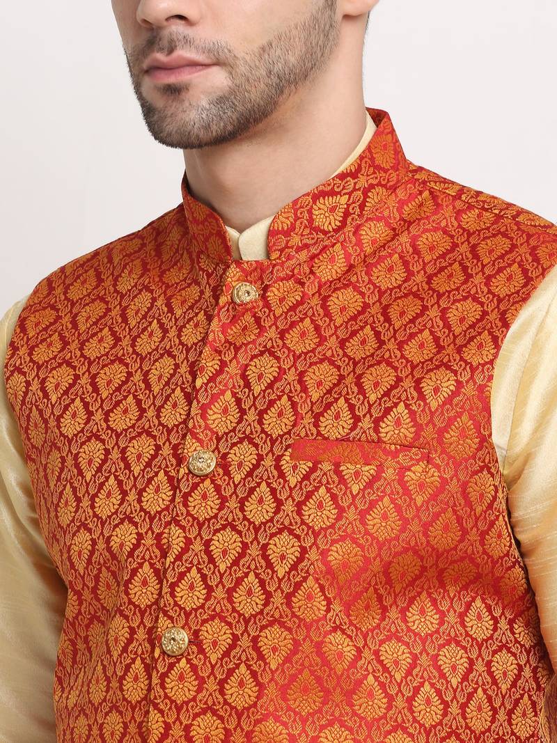 Fawn Silk Blend Kurta and churidar with Jacquard Red Nehru jacket