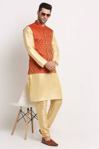 Fawn Silk Blend Kurta and churidar with Jacquard Red Nehru jacket