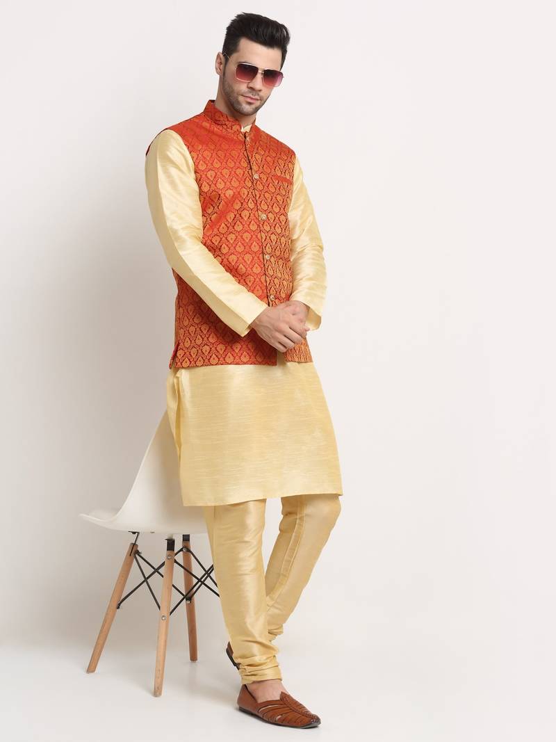 Fawn Silk Blend Kurta and churidar with Jacquard Red Nehru jacket