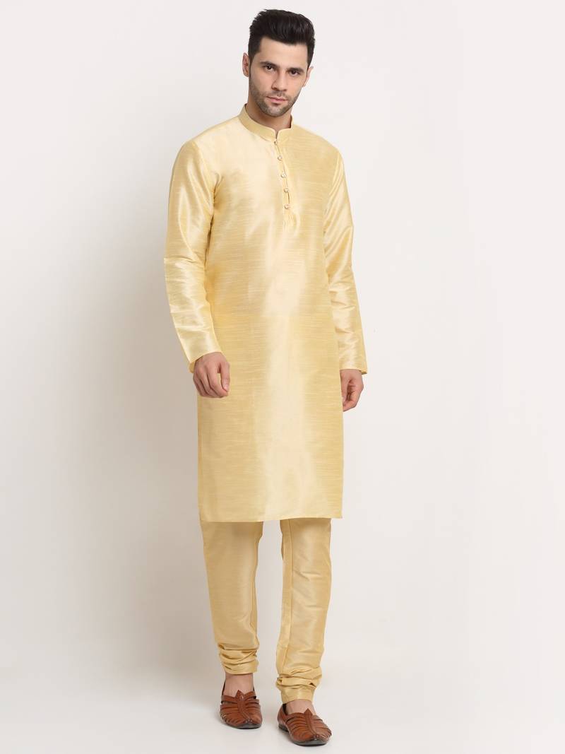 Fawn Silk Blend Kurta and churidar with Jacquard Red Nehru jacket
