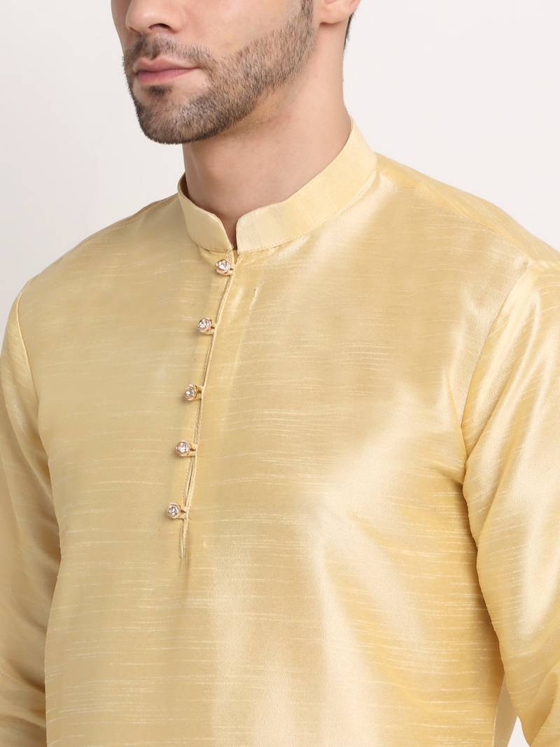 Fawn Silk Blend Kurta and churidar with Jacquard Red Nehru jacket