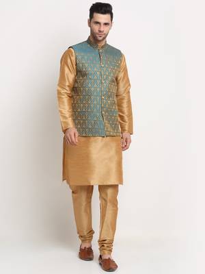 Gold Silk Blend Kurta and churidar with Jacquard Blue Nehru jacket 1