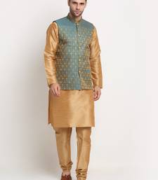 Gold Silk Blend Kurta and churidar with Jacquard Blue Nehru jacket