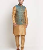 Gold Silk Blend Kurta and churidar with Jacquard Blue Nehru jacket