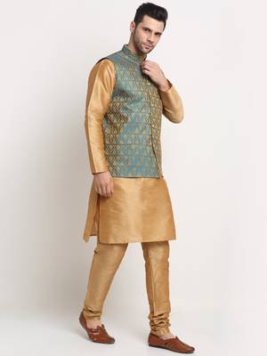 Gold Silk Blend Kurta and churidar with Jacquard Blue Nehru jacket 2