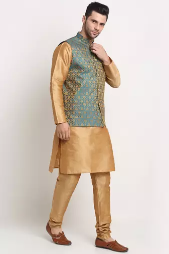 Gold Silk Blend Kurta and churidar with Jacquard Blue Nehru jacket