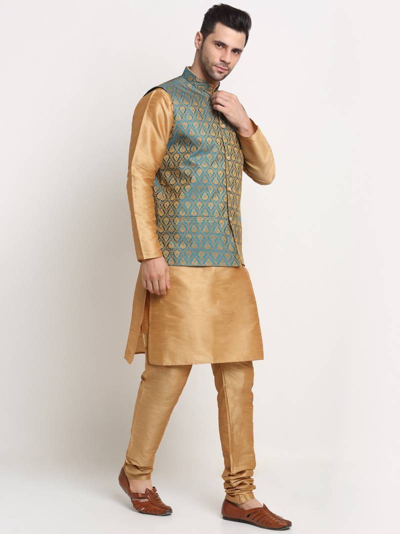 Gold Silk Blend Kurta and churidar with Jacquard Blue Nehru jacket