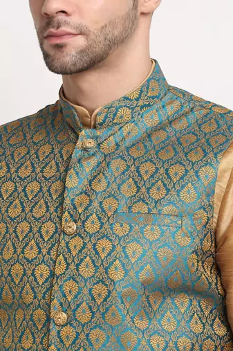 Gold Silk Blend Kurta and churidar with Jacquard Blue Nehru jacket