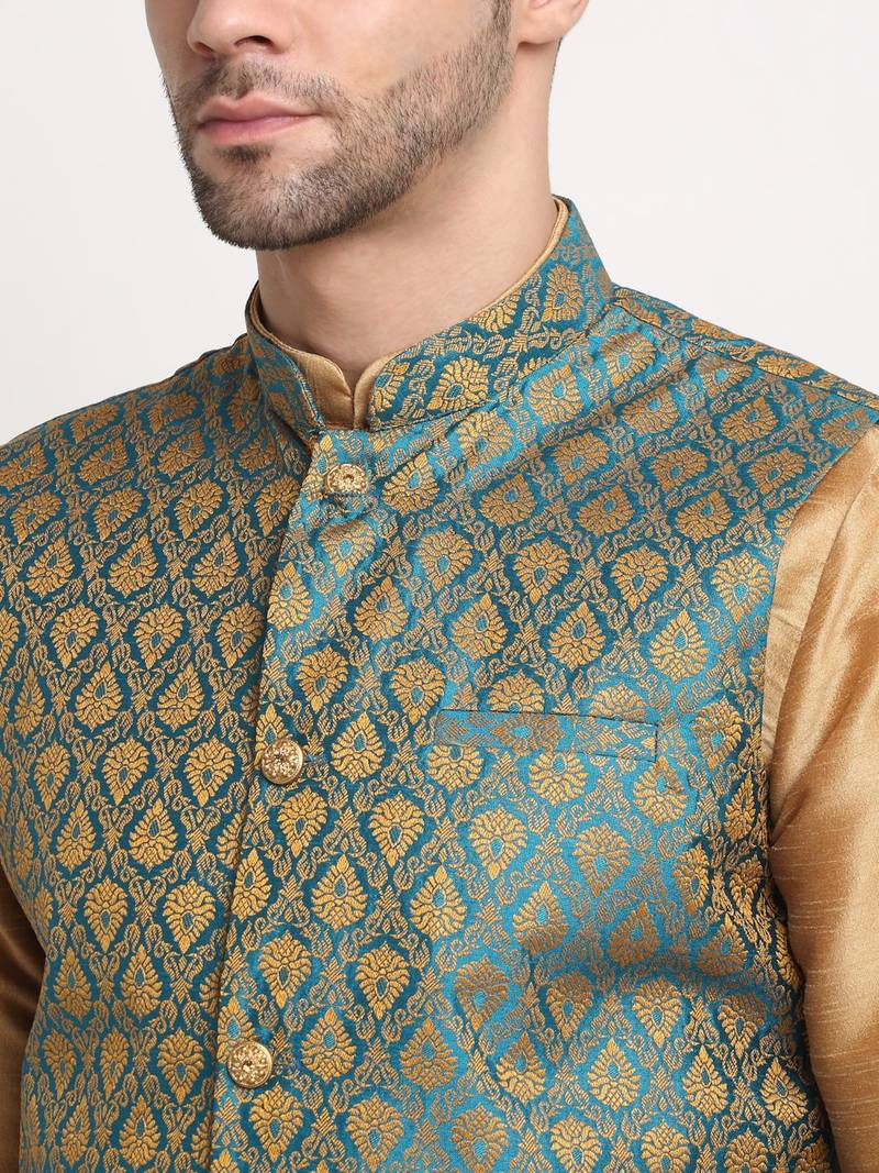 Gold Silk Blend Kurta and churidar with Jacquard Blue Nehru jacket