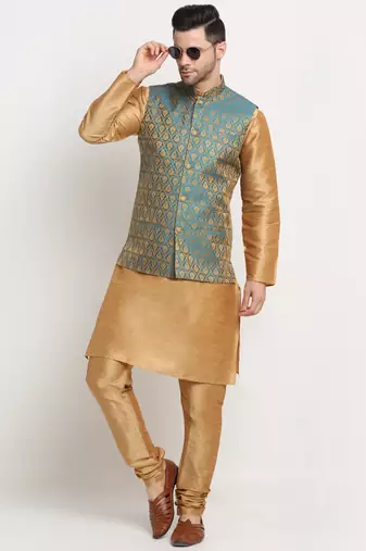 Gold Silk Blend Kurta and churidar with Jacquard Blue Nehru jacket