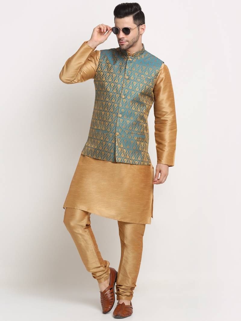 Gold Silk Blend Kurta and churidar with Jacquard Blue Nehru jacket