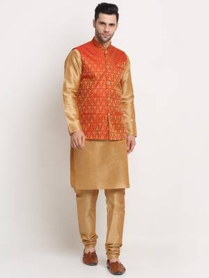 Gold Silk Blend Kurta and churidar with Jacquard Red Nehru jacket 1