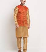Gold Silk Blend Kurta and churidar with Jacquard Red Nehru jacket