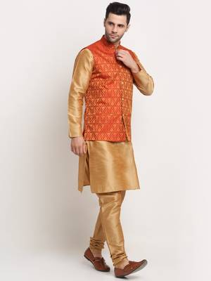 Gold Silk Blend Kurta and churidar with Jacquard Red Nehru jacket 2