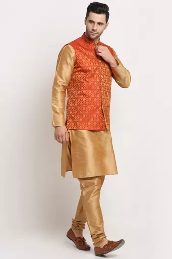 Gold Silk Blend Kurta and churidar with Jacquard Red Nehru jacket