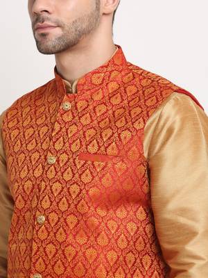 Gold Silk Blend Kurta and churidar with Jacquard Red Nehru jacket 3