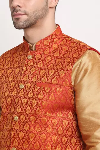 Gold Silk Blend Kurta and churidar with Jacquard Red Nehru jacket