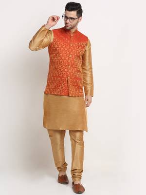 Gold Silk Blend Kurta and churidar with Jacquard Red Nehru jacket 4