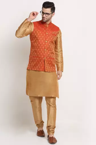 Gold Silk Blend Kurta and churidar with Jacquard Red Nehru jacket