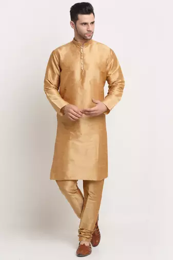 Gold Silk Blend Kurta and churidar with Jacquard Red Nehru jacket