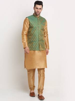 Gold Silk Blend Kurta and churidar with Jacquard Green Nehru jacket 1