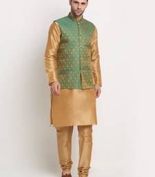 Gold Silk Blend Kurta and churidar with Jacquard Green Nehru jacket