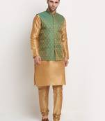Gold Silk Blend Kurta and churidar with Jacquard Green Nehru jacket